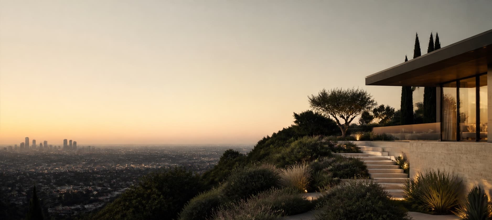 Editorial view of Los Angeles architecture and the city at dusk